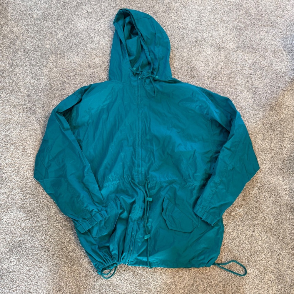Basic Editions Teal Hooded Windbreaker Jacket Vintage 90s Style Mens Large L G
